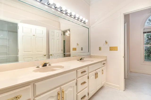 a bathroom with a sink double vanity and a mirror