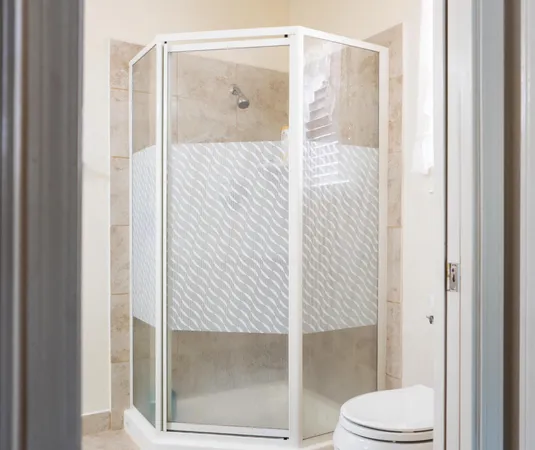 a bathroom with a shower and a toilet