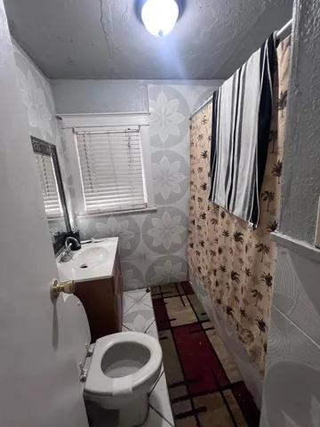 a bathroom with a toilet sink and mirror