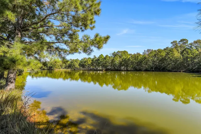 a view of a lake with houses in the back