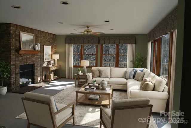 a living room with furniture and a fireplace