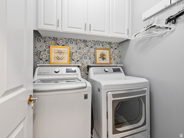 11881 Cottage View Lane Draper, UT 84020 - Photo 13 of 29 Dedicated laundry area featuring white shaker-style cabinetry, a floral-patterned accent wall, and a practical clothes hanging system