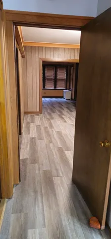 an entryway view with wooden floor and fireplace