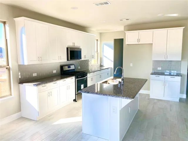 a kitchen with stainless steel appliances granite countertop a sink and a stove