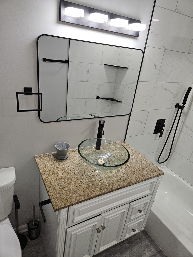 2348 West 111th Street, Unit 2 Chicago, IL 60643 - Photo 7 of 23 a bathroom with a granite countertop sink and a mirror