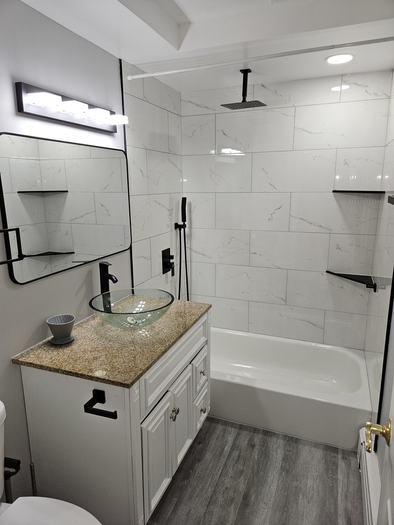 2348 West 111th Street, Unit 2 Chicago, IL 60643 - Photo 8 of 23 a bathroom with a granite countertop sink mirror toilet and bathtub