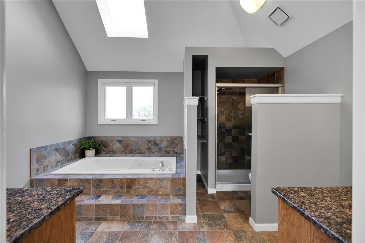 607 Cottage Road Batavia, IL 60510 - Photo 25 of 36 a bathroom with a granite countertop sink a mirror and shower