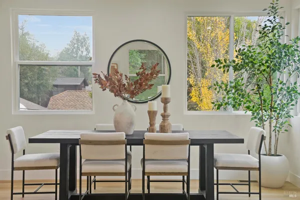 a view of a dining room with furniture window and outside view