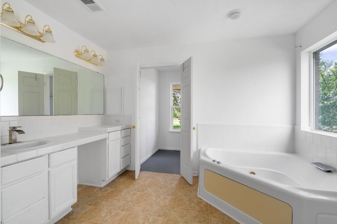 14325 South Turnersville Road Buda, TX 78610 - Photo 17 of 35 Primary bathroom features a whirlpool tub, walk in shower and large vanity
