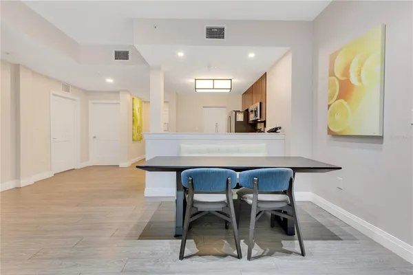 a view of a dining room with furniture