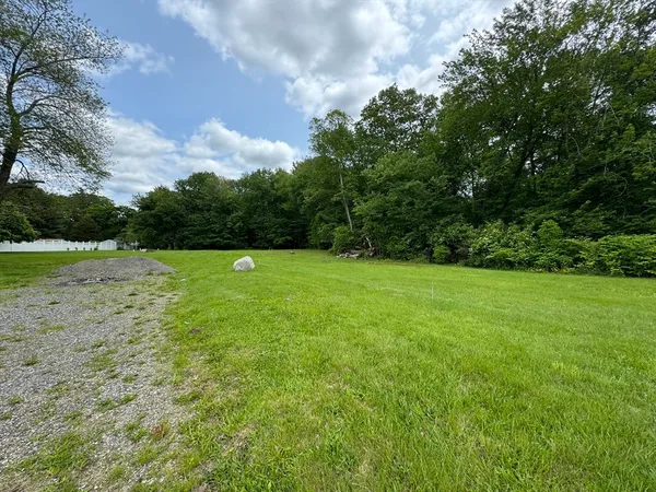 a view of a field with a trees in the background