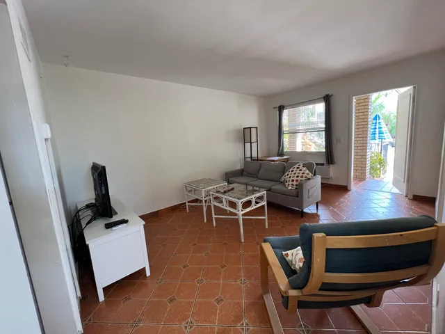 a living room with furniture a rug and a window