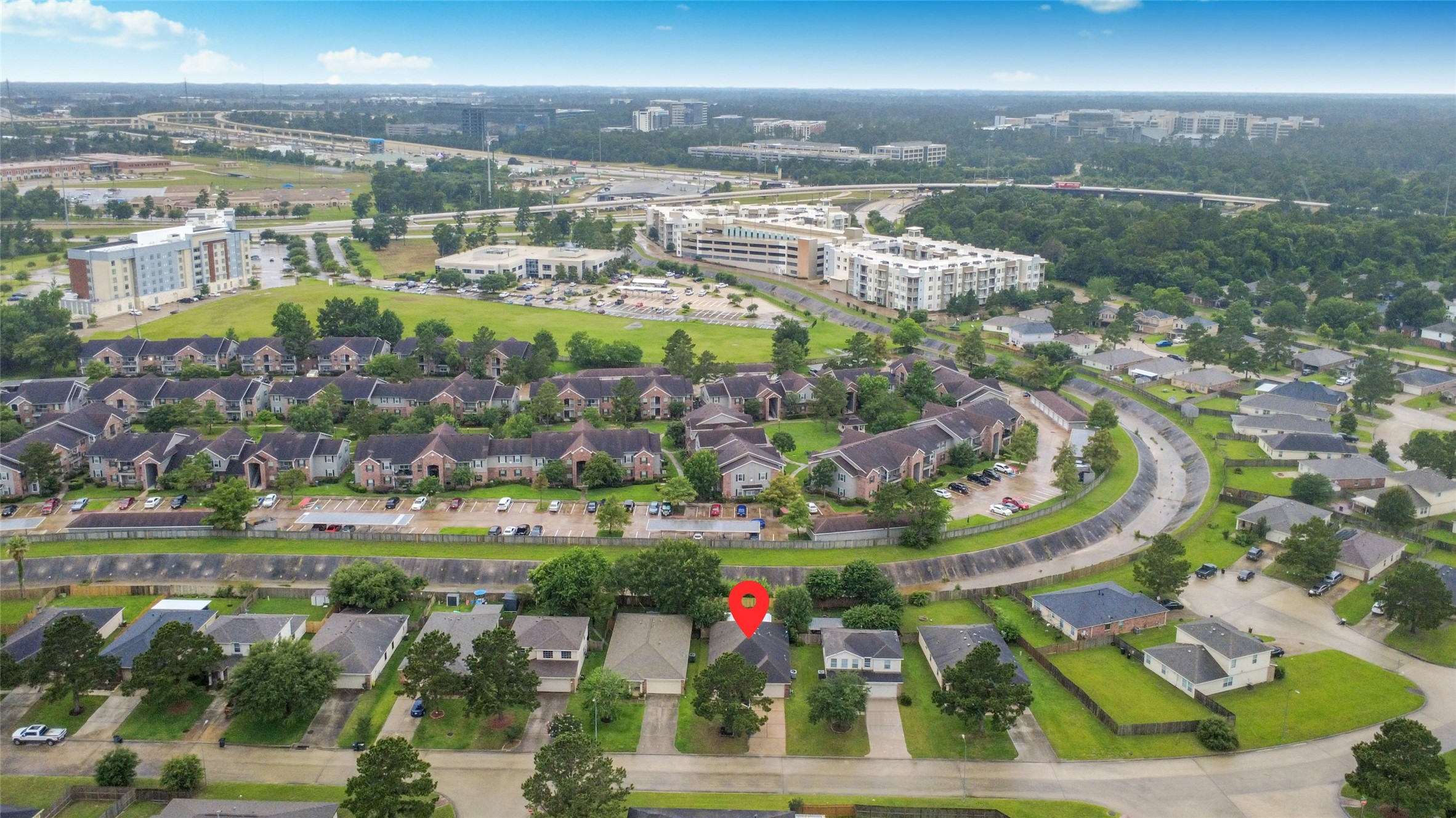 24019 Kingbriar Drive Spring, TX 77373 - Photo 41 of 41 An elevated aerial view showcasing the home's proximity to regional amenities, parks, and key transport routes, positioning the property within its popular and accessible neighborhood context.