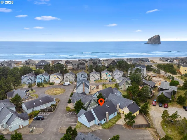 an aerial view of residential houses with outdoor space and trees