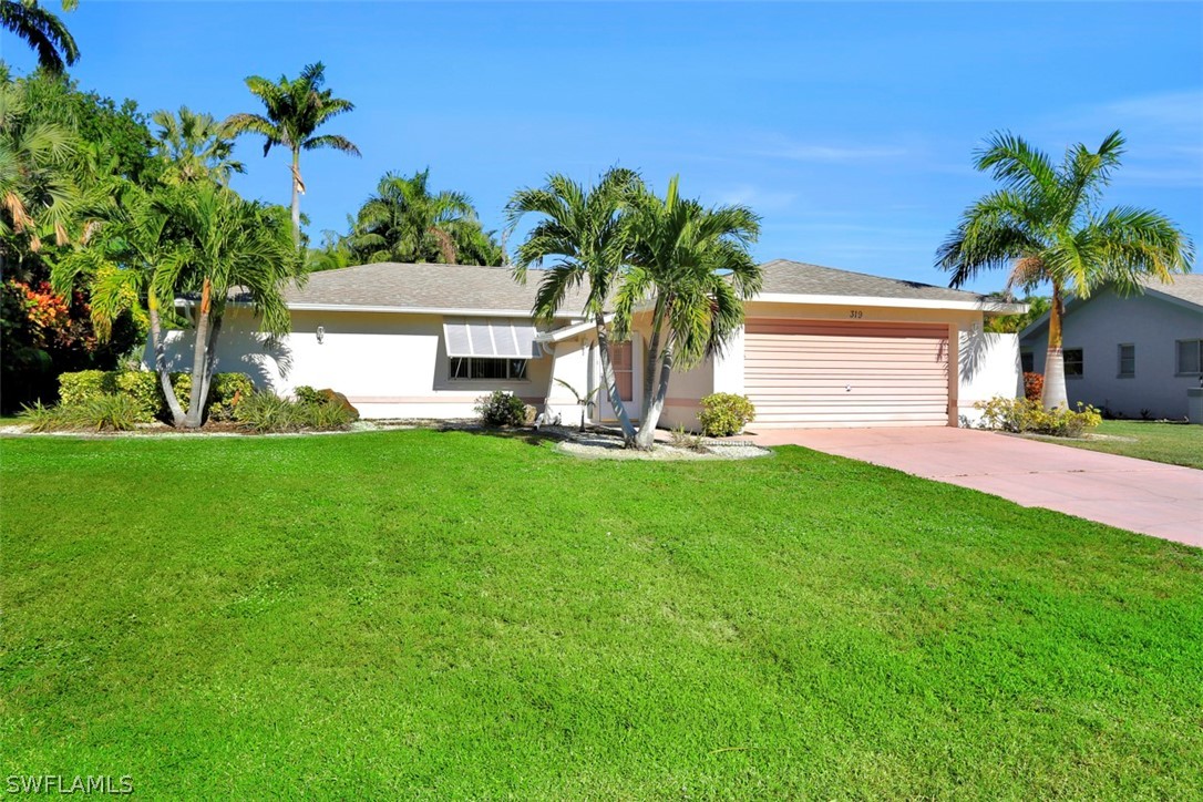 a front view of a house with a yard and palm tree