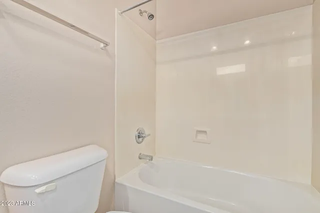 a bathroom with a bathtub and a toilet