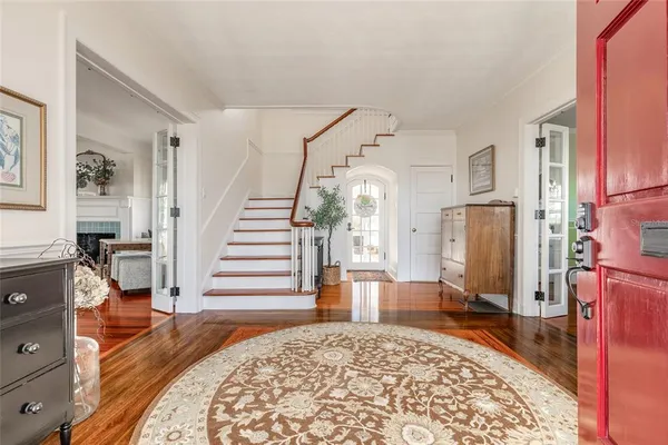 a living room with furniture and a table