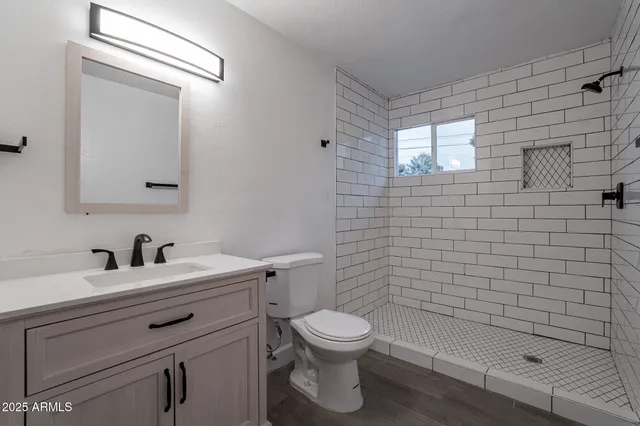 a bathroom with a toilet sink vanity and mirror