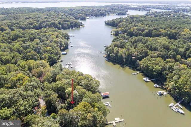 an aerial view of residential houses with outdoor space and lake view