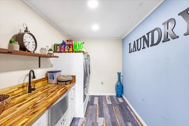 a view of dining room and wooden floor