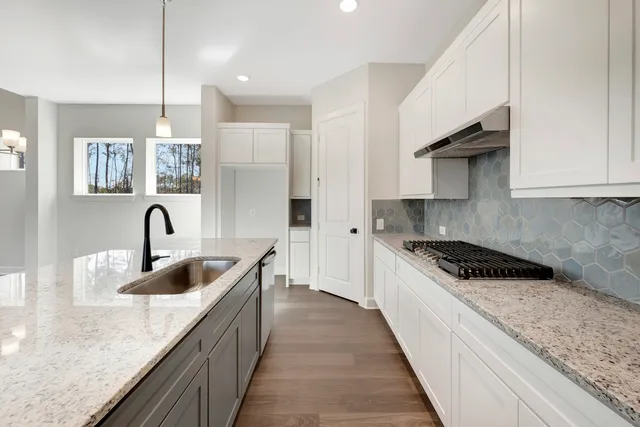 a kitchen with kitchen island granite countertop a sink a counter space and cabinets