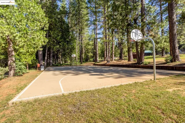 a view of a park with swings and slides