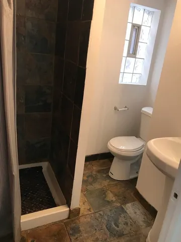 a bathroom with a toilet and a shower