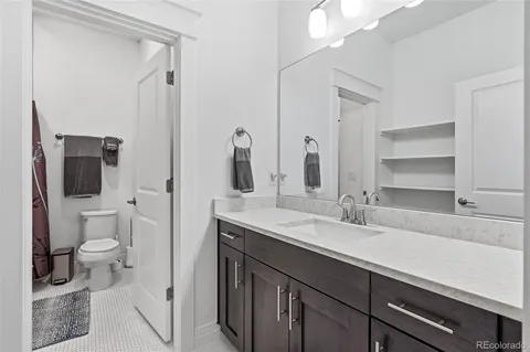 a bathroom with a sink toilet double vanity and shower