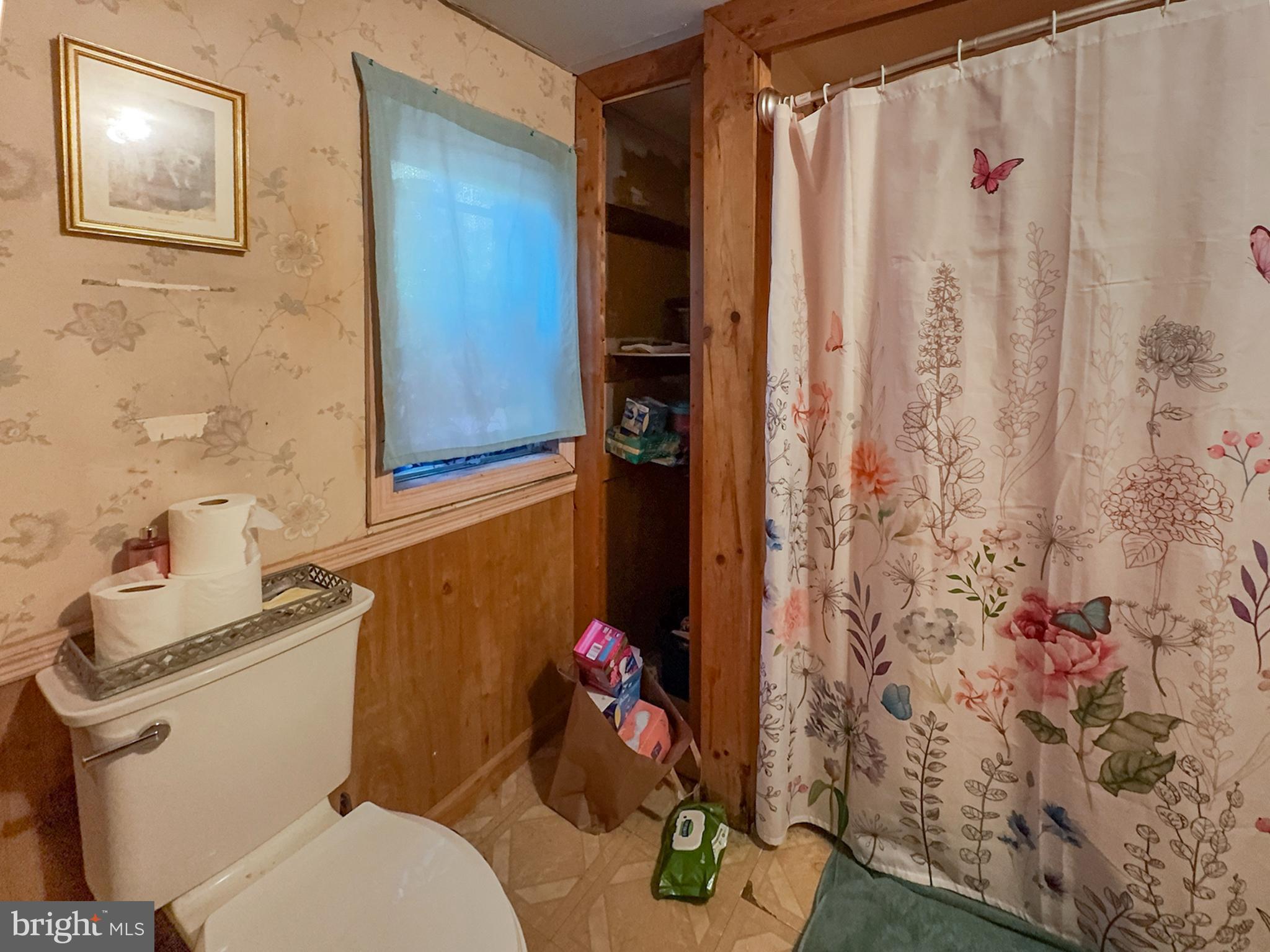 619 Main Street Leesburg, NJ 08327 - Photo 12 of 23 a bathroom with a toilet a sink and a shower curtain