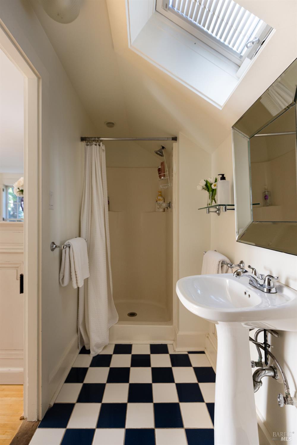 1410 Adams Street St. Helena, CA 94574 - Photo 22 of 46 a bathroom with a sink a mirror and a shower