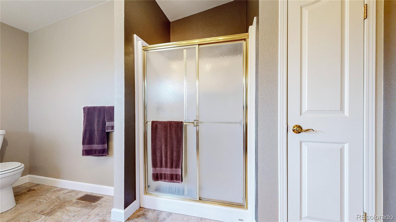 53 O'Brien Road Bailey, CO 80421 - Photo 27 of 49 a bathroom with a granite countertop shower and a toilet