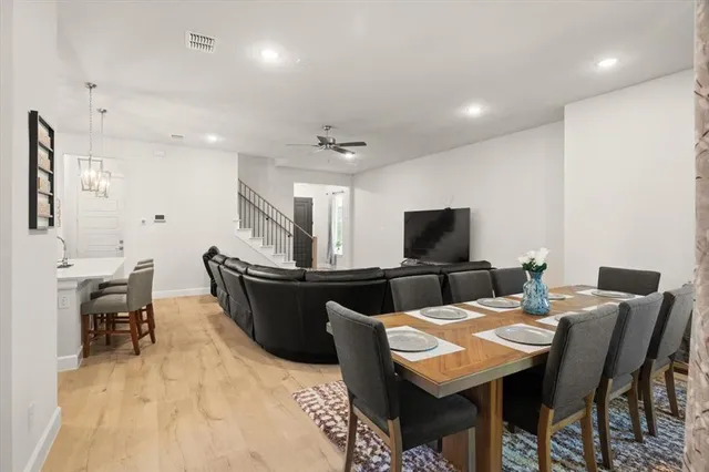 a view of a dining room with furniture