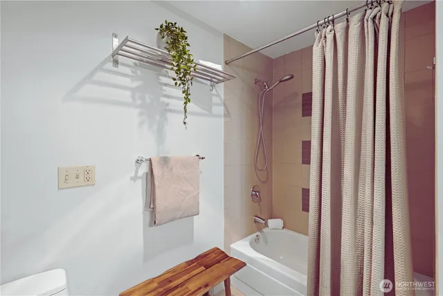 a bathroom with a shower and a toilet