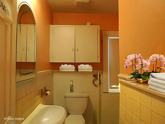 a bathroom with a toilet sink and mirror