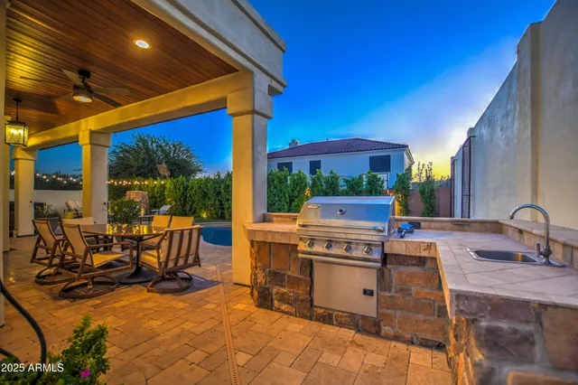 a garden view with a seating space