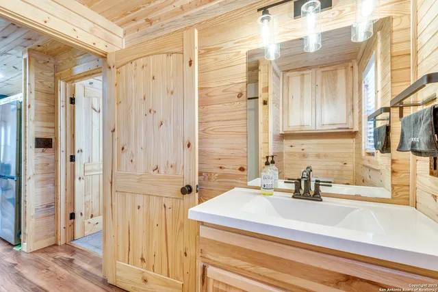 a bathroom with a sink and a mirror