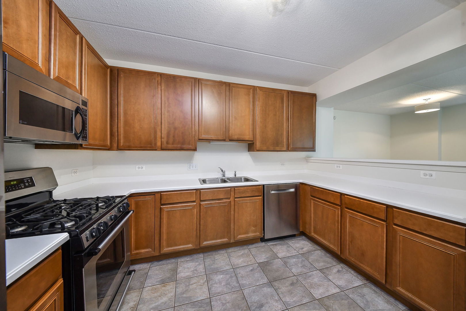 586 Crescent Boulevard, Unit 305 Glen Ellyn, IL 60137 - Photo 4 of 13 a kitchen with stainless steel appliances granite countertop wooden cabinets a stove top oven a sink and dishwasher