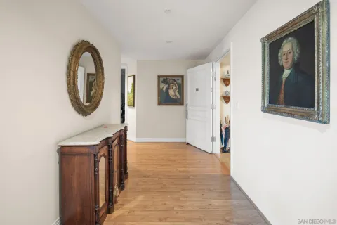 a view of a room with wooden floor and a potted plant