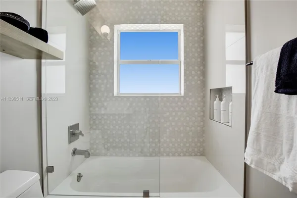 a bathroom with a bathtub