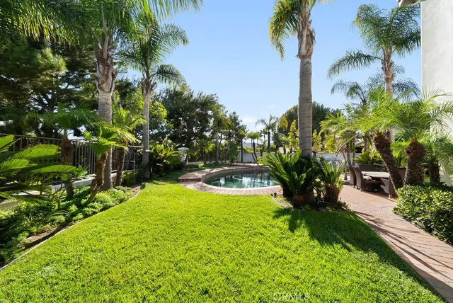 a view of a swimming pool with a garden