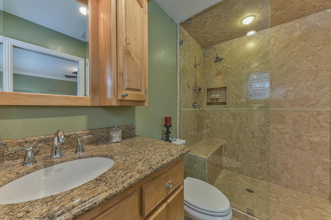 1239 Ayer Drive Gilroy, CA 95020 - Photo 30 of 39 a bathroom with a granite countertop sink toilet and shower