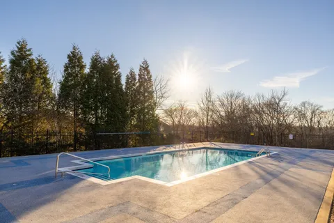 a view of swimming pool with trees in the background