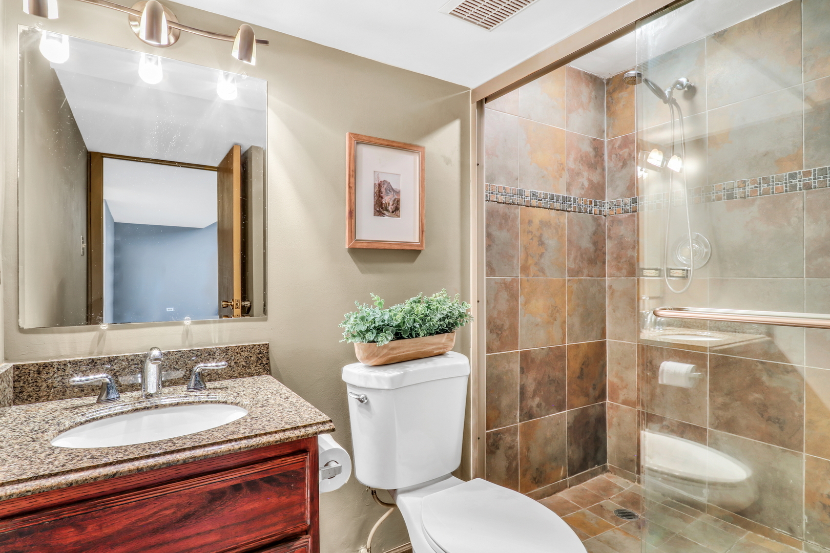 230 North Alleghany Road Grayslake, IL 60030 - Photo 38 of 53 a bathroom with a granite countertop sink toilet a mirror and shower
