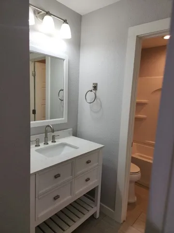 a bathroom with a sink a toilet and mirror