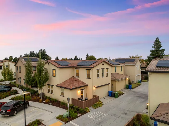 an aerial view of a swimming pool