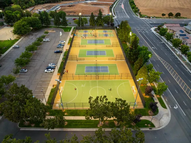 an aerial view of residential houses with outdoor space