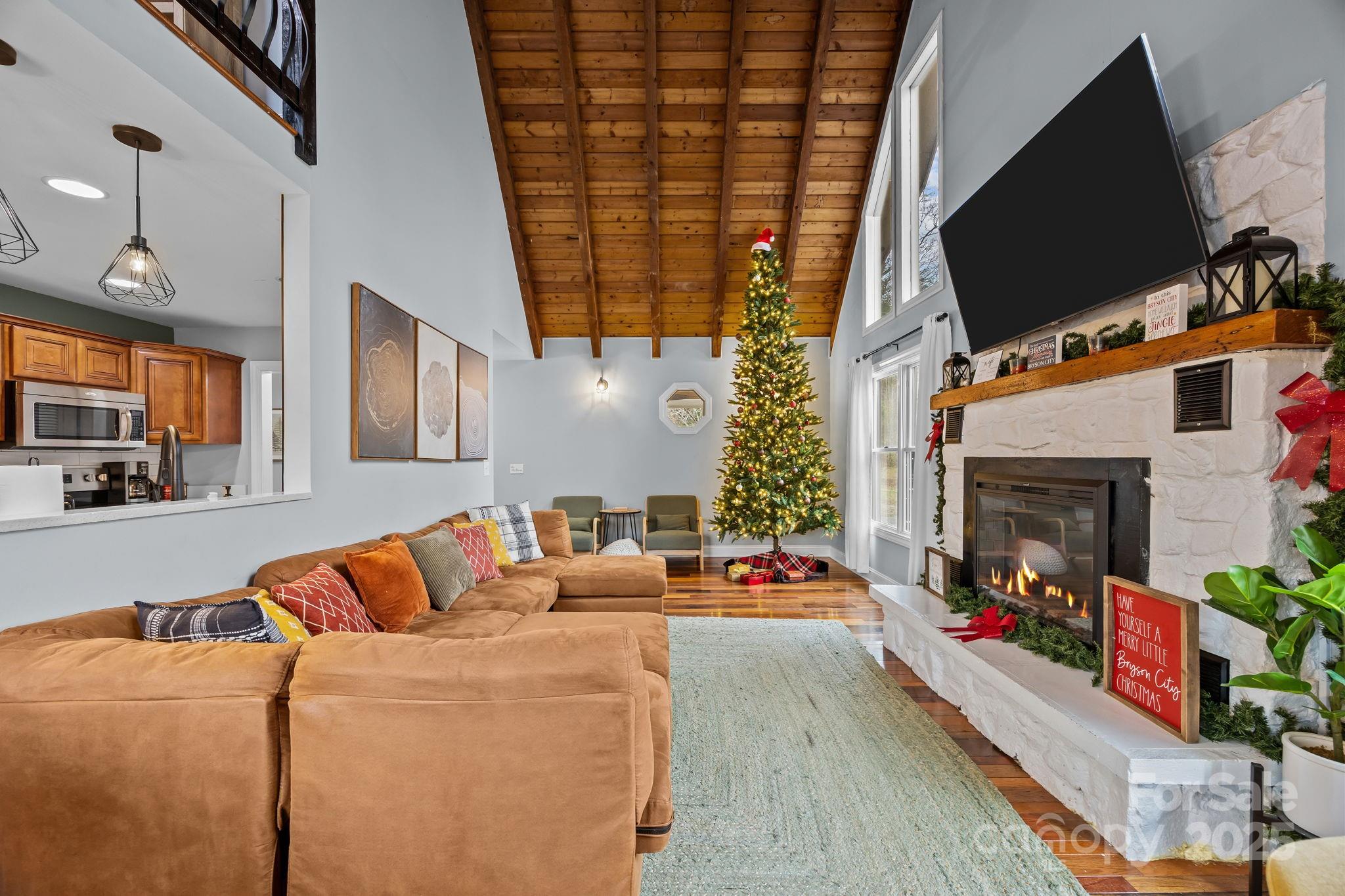 540 Toot Hollow Road Bryson City, NC 28713 - Photo 10 of 47 a living room with furniture a flat screen tv and a fireplace