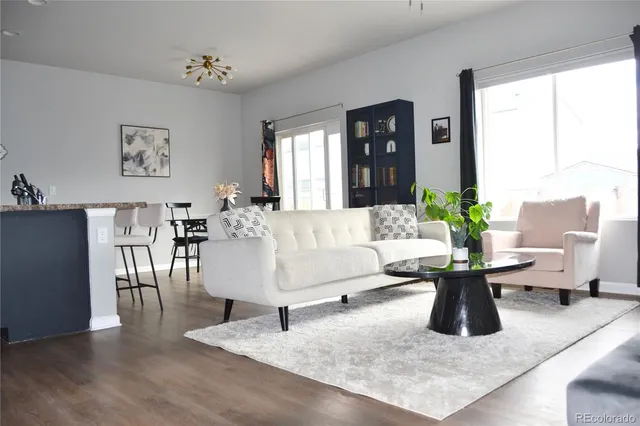 a living room with furniture potted plant and a window