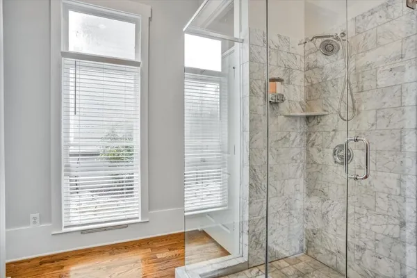 a view of a bathroom with a shower