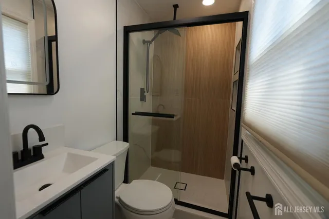 a bathroom with a sink a mirror a toilet and shower